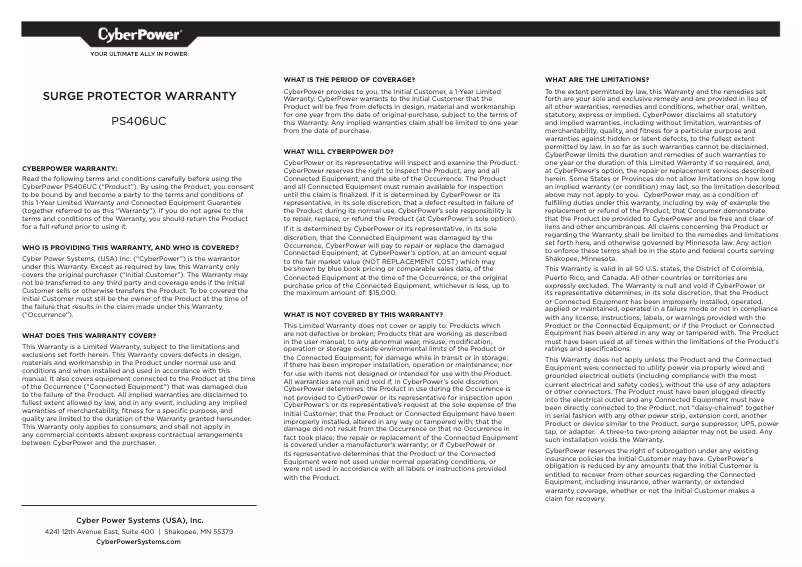 Page 1 de la notice Informations de garantie CyberPower PS406UC