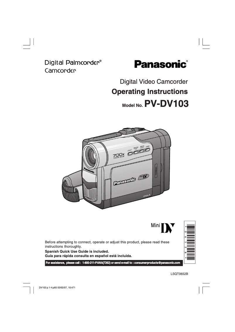 First page image of the manual for PV-DV103