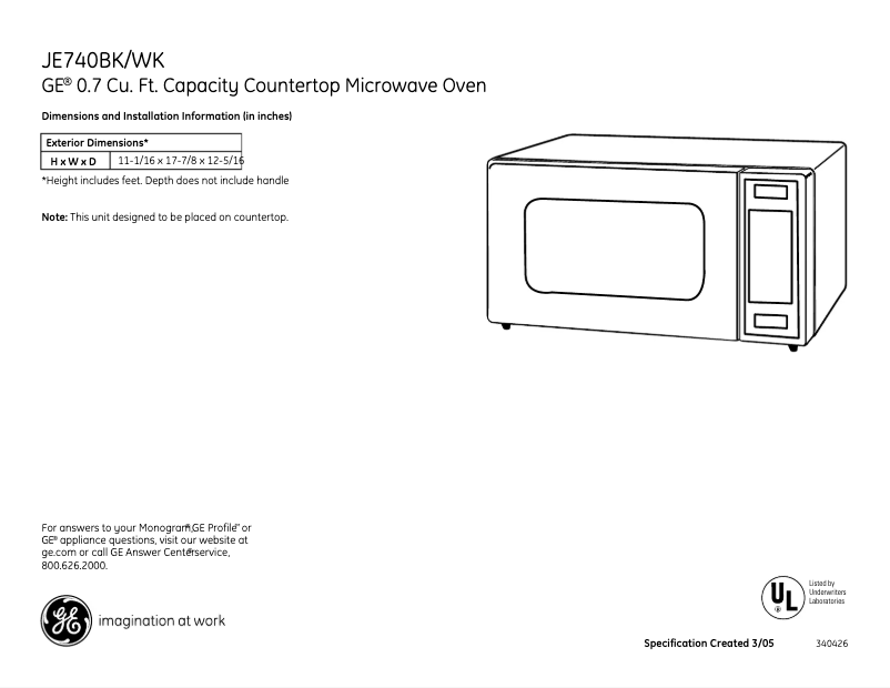 First page image of the manual for JE740WK