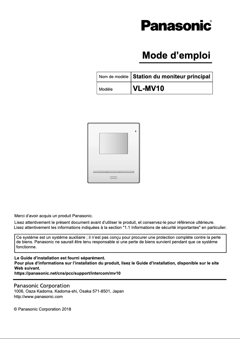 Page 1 of the manual User Manual Panasonic VL-MV10EX2