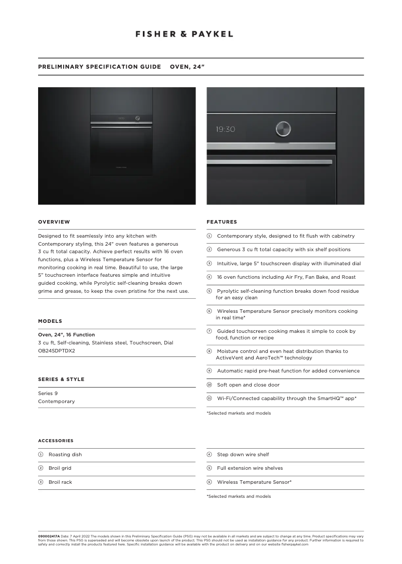 Page 1 of the manual Technical Sheet Fisher & Paykel OB24SDPTDX2