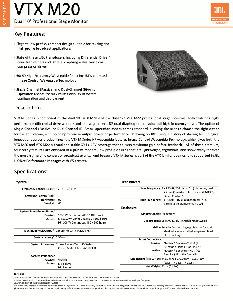Page 1 of the manual Technical Sheet JBL VTX M20
