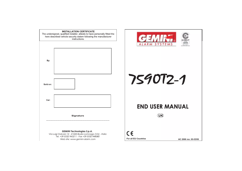 Page 1 de la notice Manuel utilisateur Gemini 7590T2-1