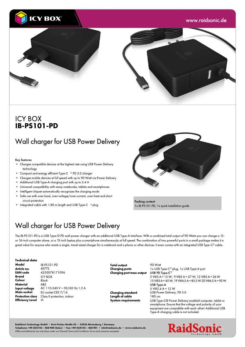 Page 1 of the manual Technical Sheet Icy Box IB-PS101-PD