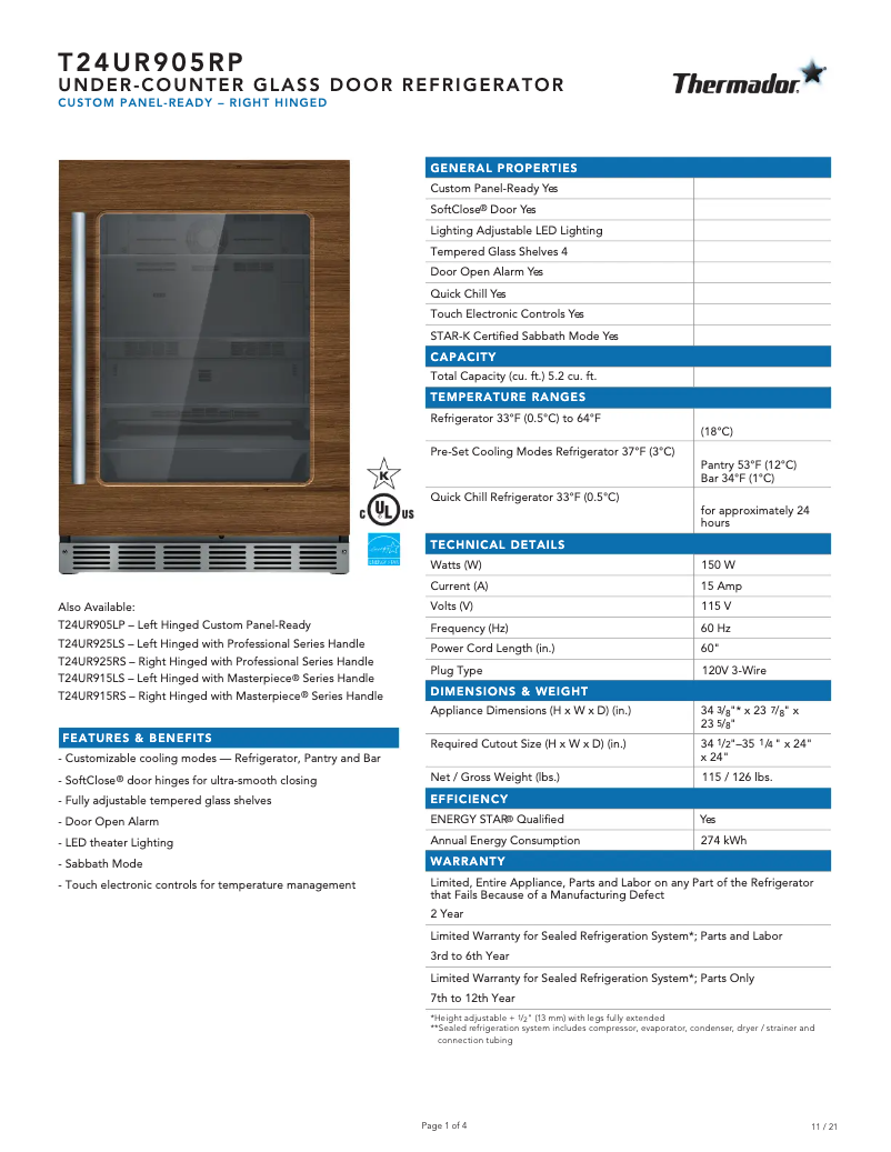 Page 1 of the manual Technical Sheet Thermador T24UR905RP