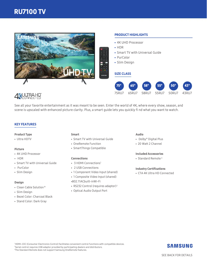 First page image of the manual for UN43RU7100FXZA
