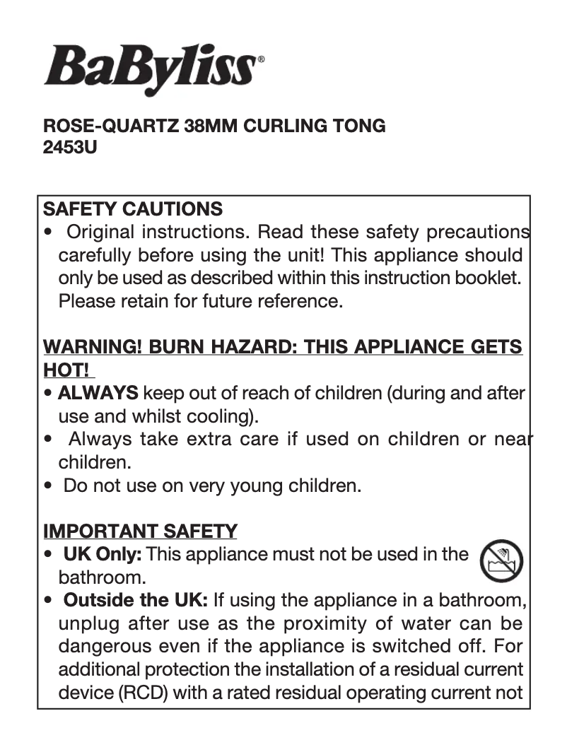 Page 1 of the manual User Manual BaByliss Rose-Quartz 38mm Curling Tong 2453U