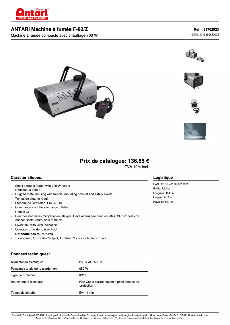 Page 1 of the manual Technical Sheet Antari F-80