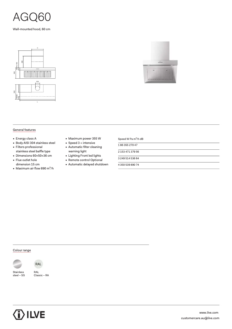 Page 1 of the manual Technical Sheet Ilve AGQ60