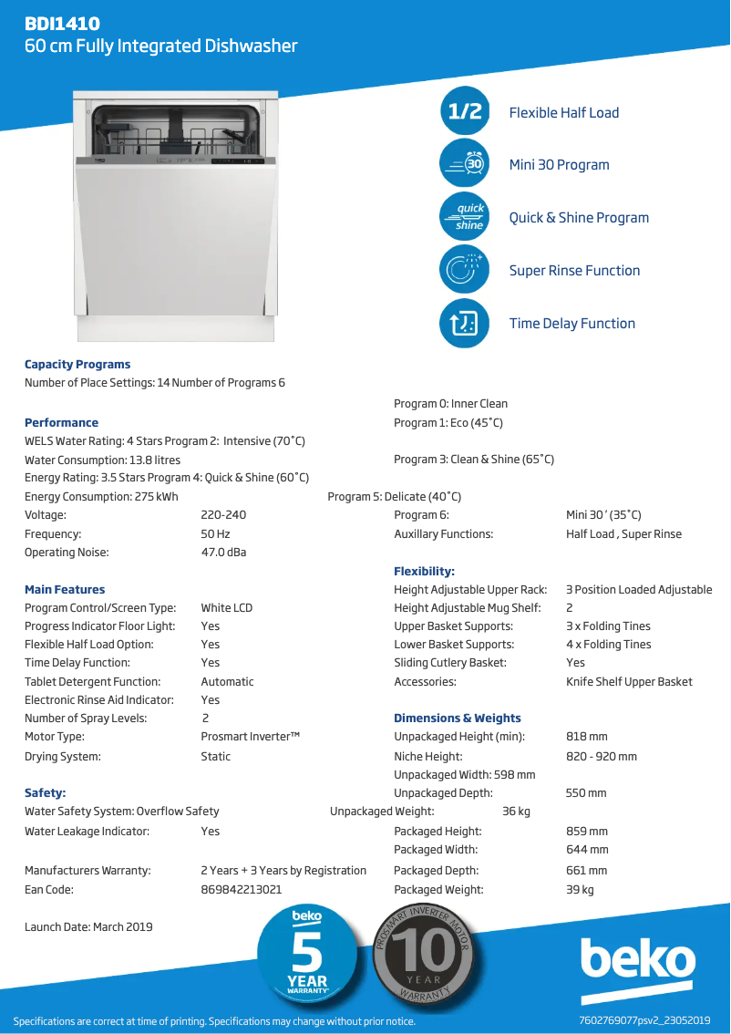 Page 1 of the manual Technical Sheet Beko BDI1410