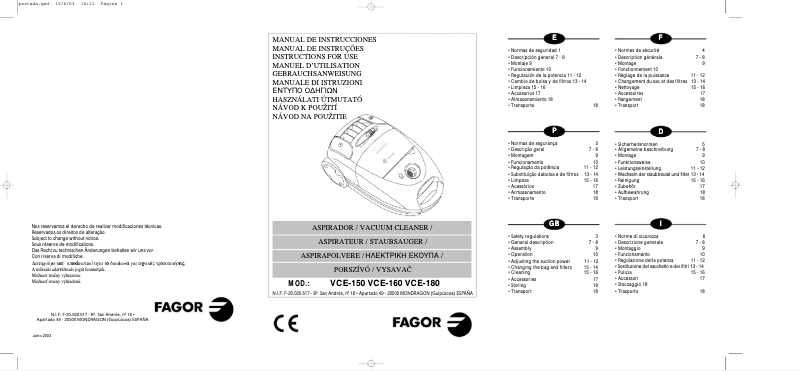Page 1 of the manual User Manual Fagor VCE-180