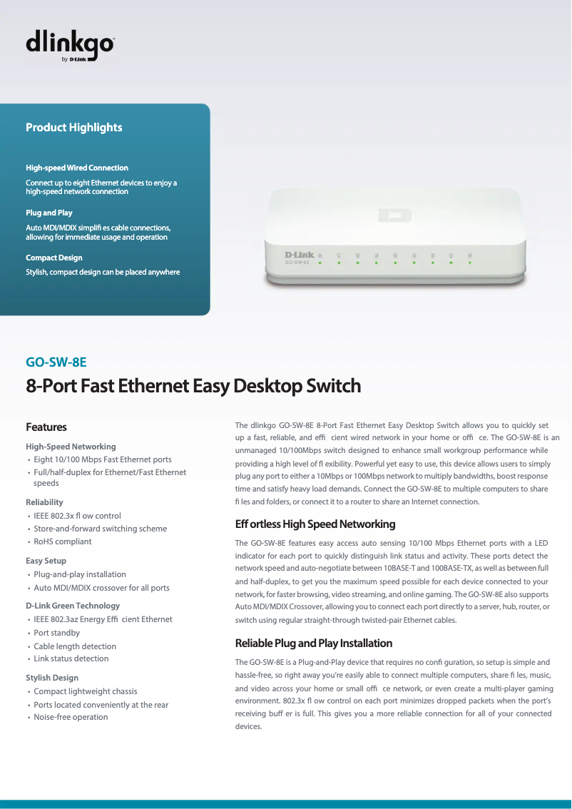 Page 1 of the manual Technical Sheet D-Link GO-SW-8E