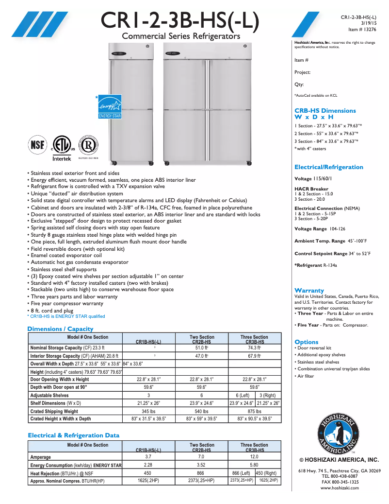 Page 1 of the manual Technical Sheet Hoshizaki Steelheart CR3S-HS