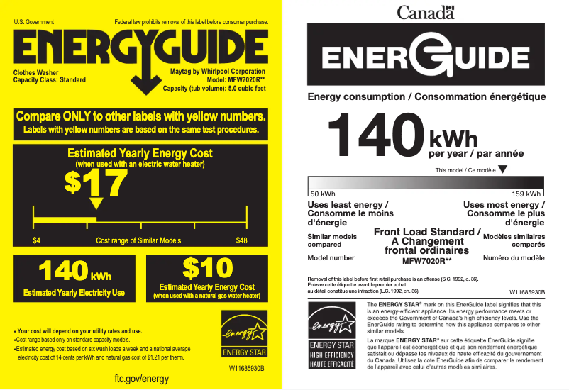 Page 1 of the manual Energy Label Maytag MFW7020RW