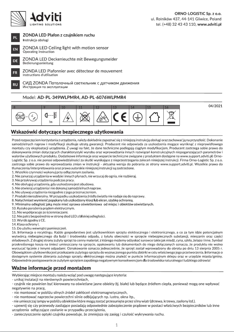 First page image of the manual for AD-PL-349WLPMR4