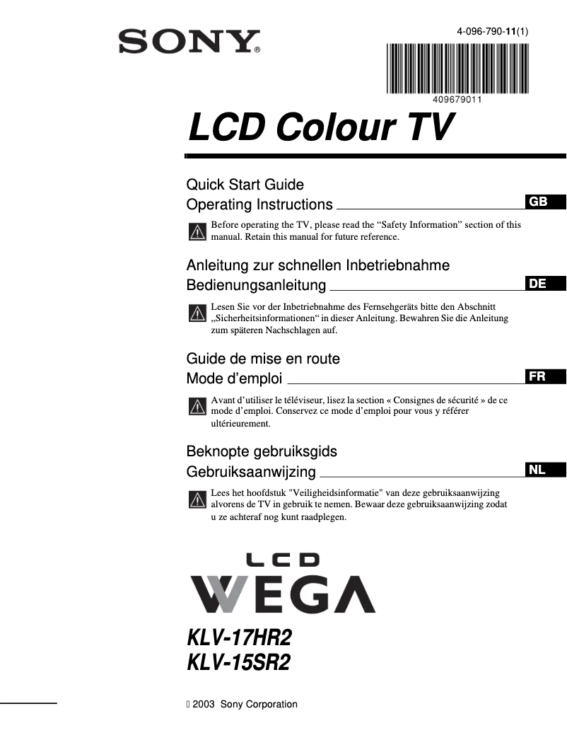 Page 1 of the manual User Manual Sony Wega KLV-15SR2