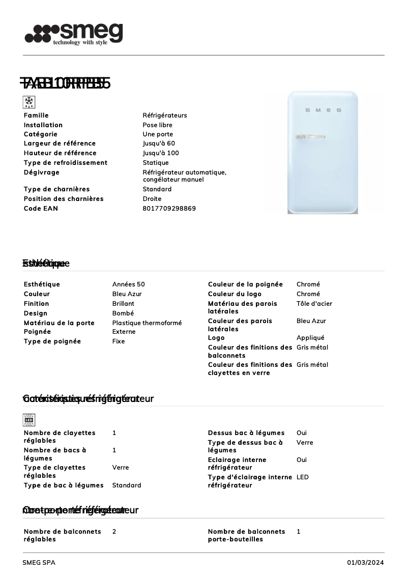 Page 1 of the manual Technical Sheet Smeg FAB10RPB5