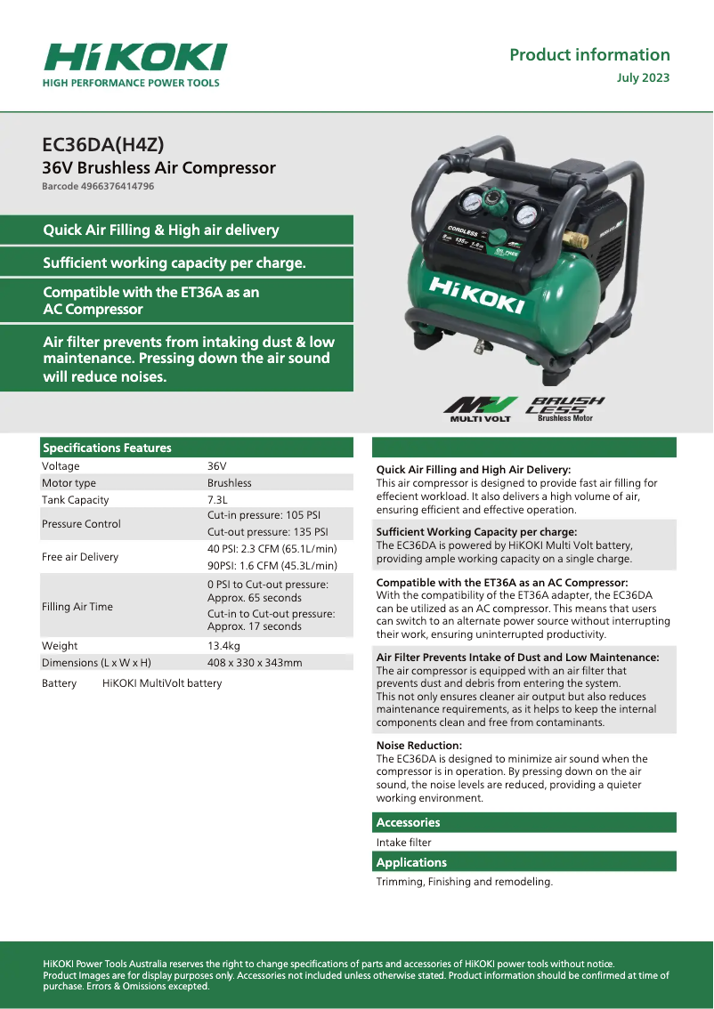 First page image of the manual for EC36DA