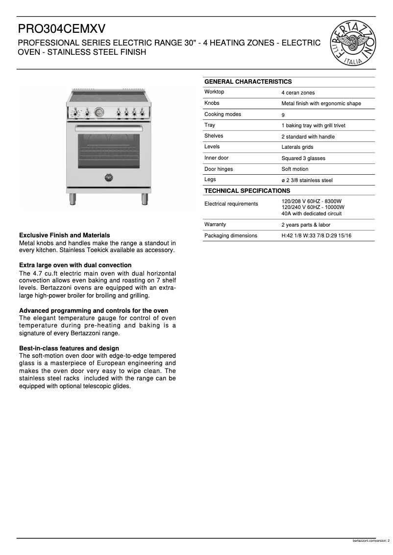 Page 1 of the manual Technical Sheet Bertazzoni PRO304CEMXV