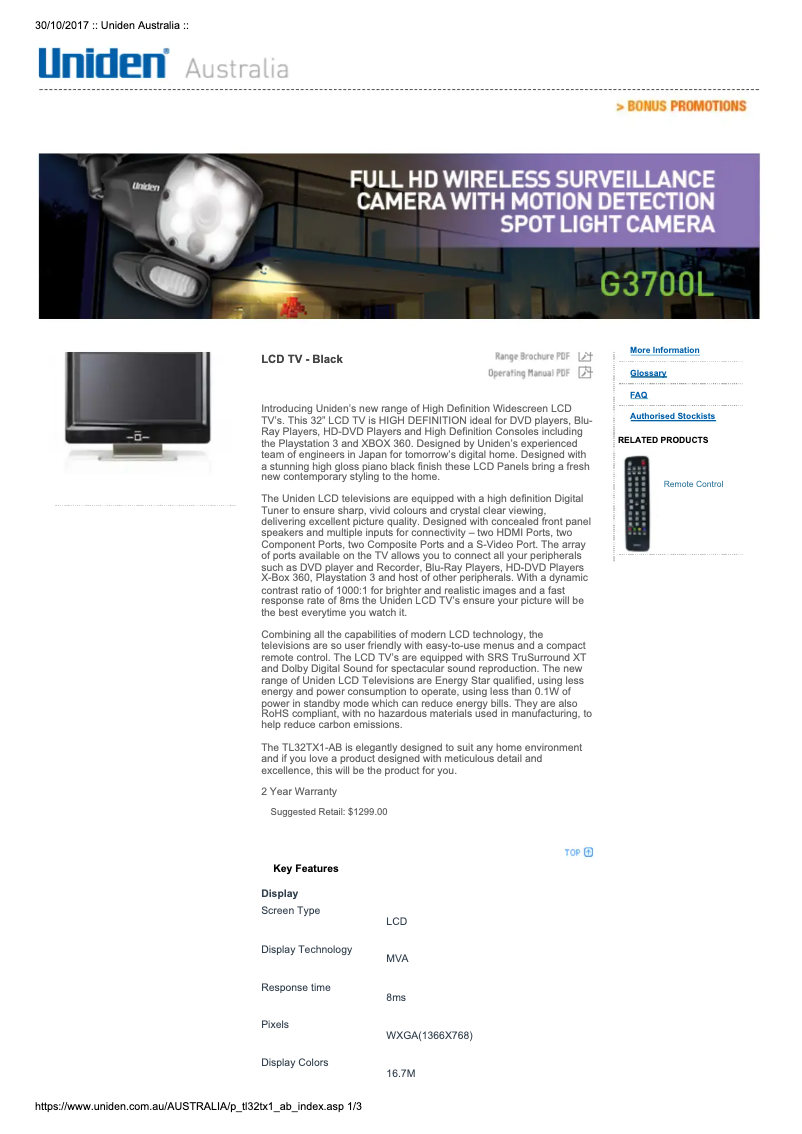 Page 1 of the manual User Manual Uniden TL32TX1-AB