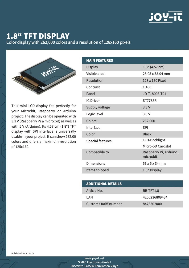 Page 1 de la notice Fiche technique Joy-It RB-TFT1.8
