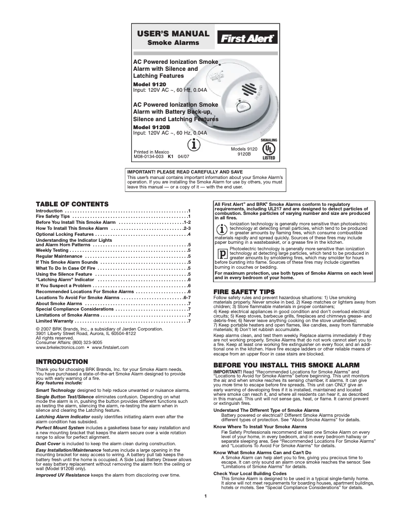 Page 1 of the manual User Manual First Alert 9120B6CP