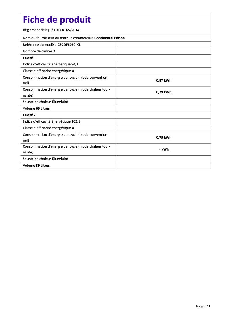 Page 1 of the manual Energy Label Continental Edison CECDF6060W1