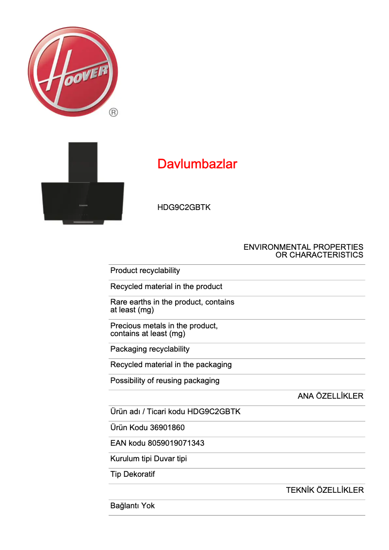 First page image of the manual for HDG9C2GBTK