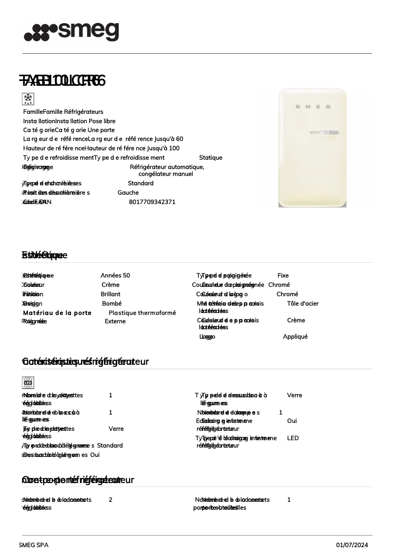 Page 1 of the manual Technical Sheet Smeg FAB10LCR6