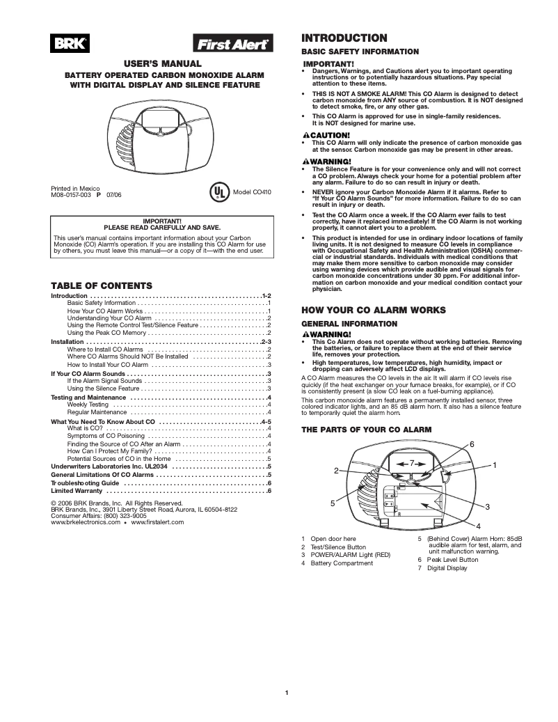 Page 1 of the manual User Manual First Alert CO410