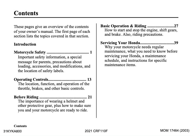 First page image of the manual for CRF110F (2021)