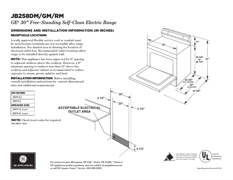 Page 1 of the manual Technical Sheet GE JB256DMCC