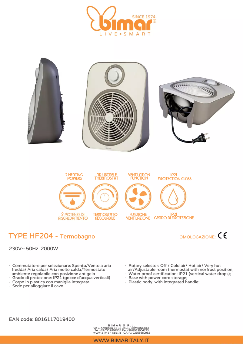 Page 1 de la notice Fiche technique Bimar HF204