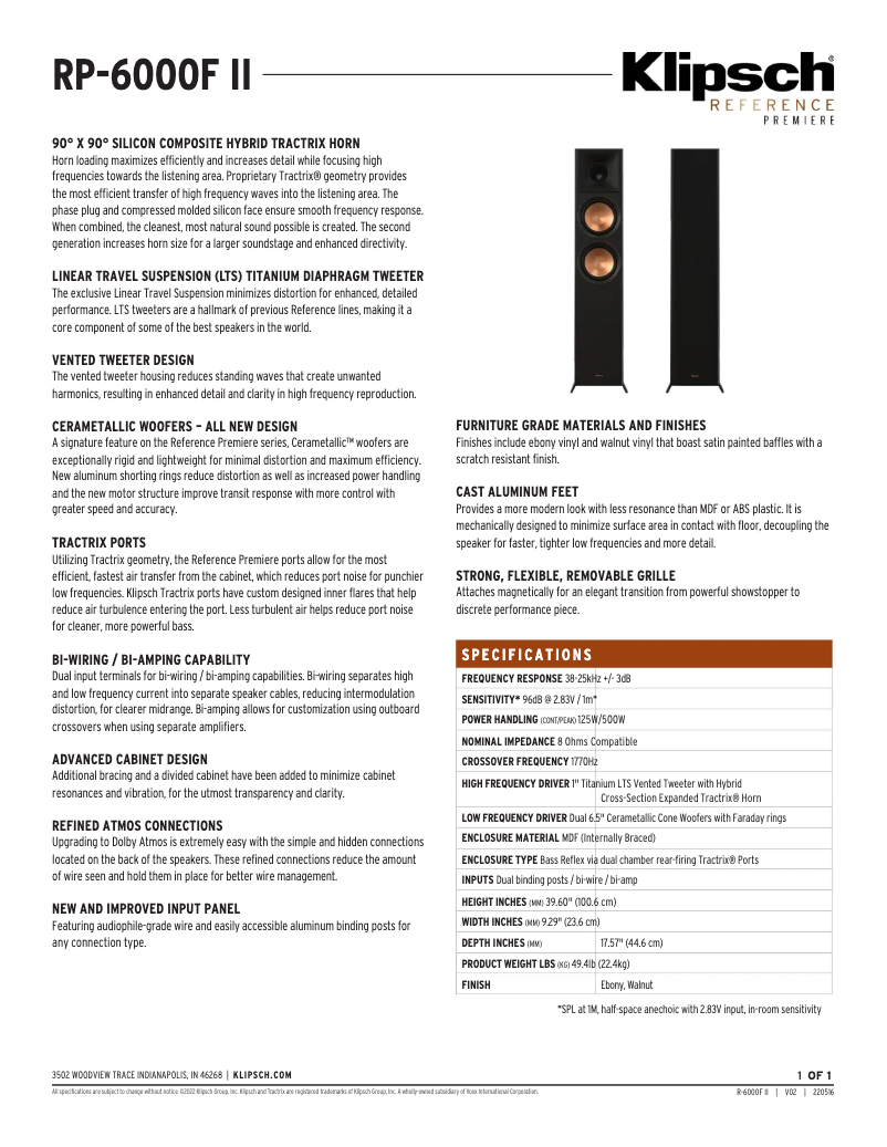 Page 1 of the manual Technical Sheet Klipsch Reference Premiere RP-6000F II