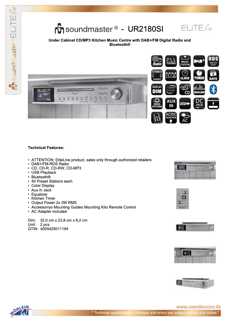 Page 1 of the manual Technical Sheet Soundmaster UR2180