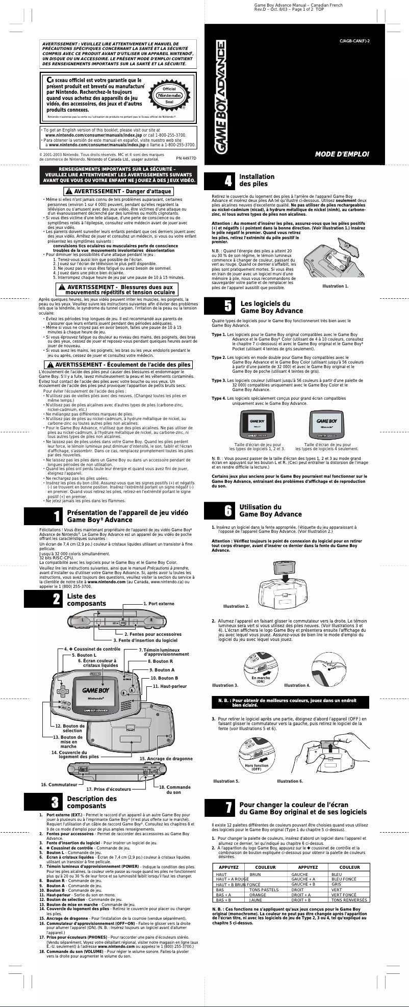 Page 1 de la notice Manuel utilisateur Nintendo Game Boy Advance