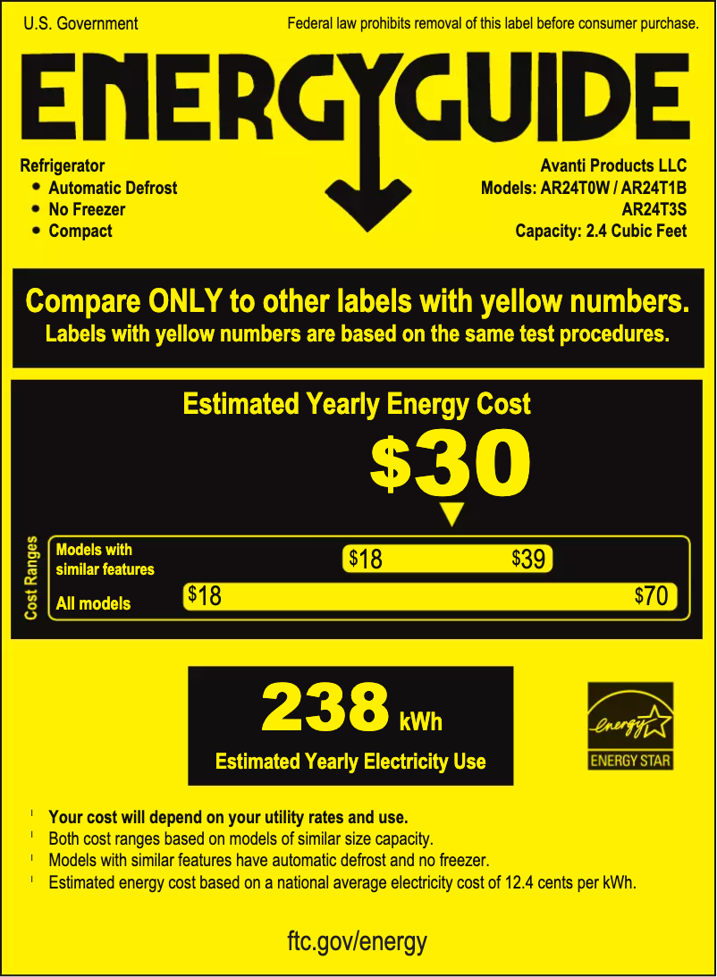 Page 1 of the manual Energy Label Avanti AR24T3S