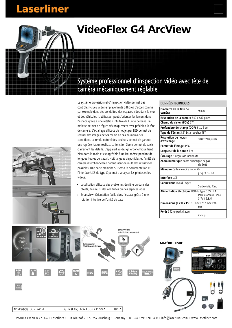 Page 1 of the manual Technical Sheet Laserliner VideoFlex G4 Arc