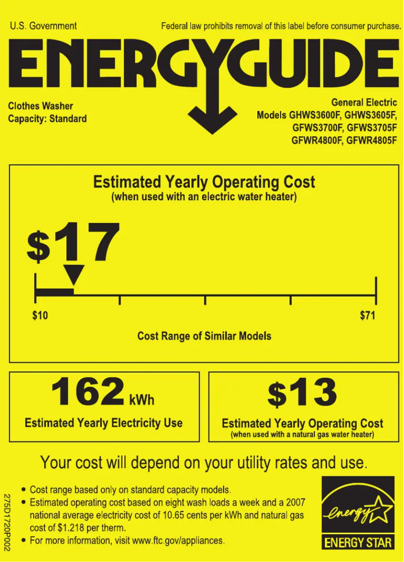 Page 1 of the manual Energy Label GE GHWS3605FRR