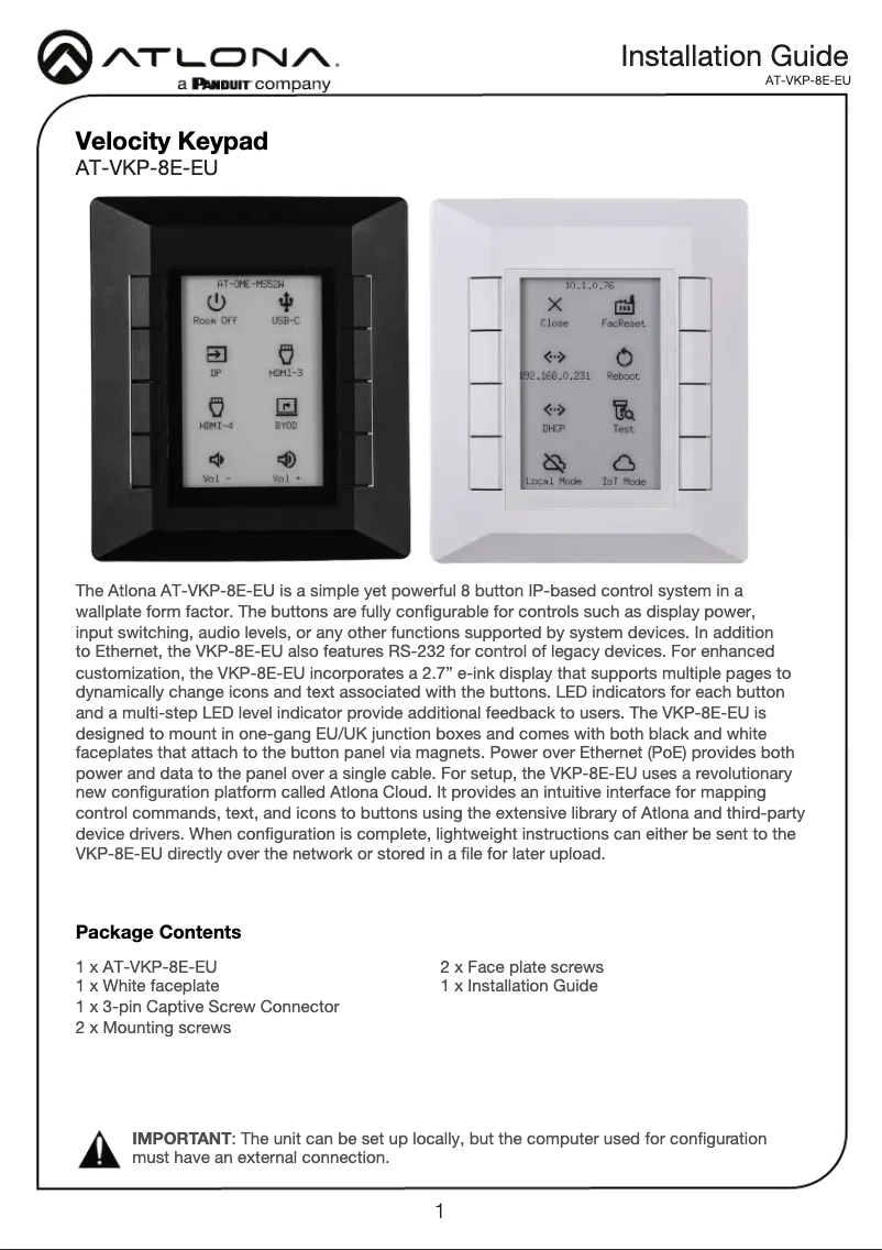 Page 1 of the manual Installation Guide Atlona AT-VKP-8E-EU