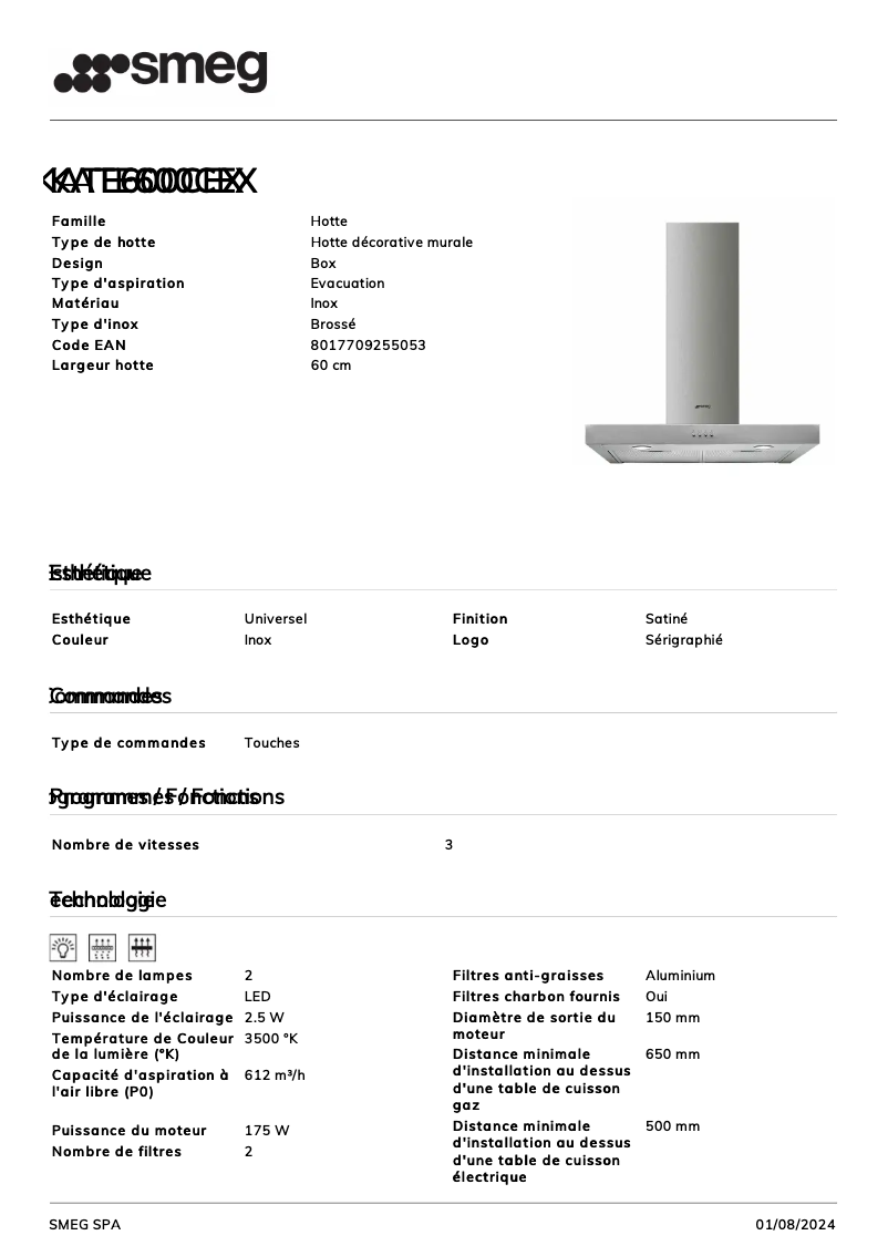 Page 1 of the manual Technical Sheet Smeg KATE600CEX