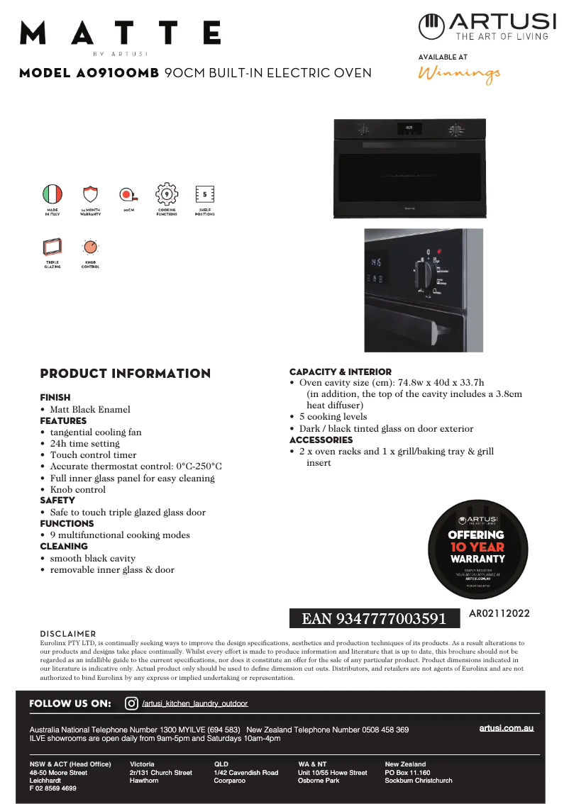 Page 1 of the manual Technical Sheet Artusi AO9100MB