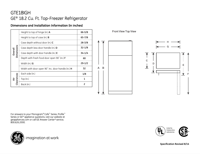 Page 1 of the manual Technical Sheet GE GTE18IGHWW