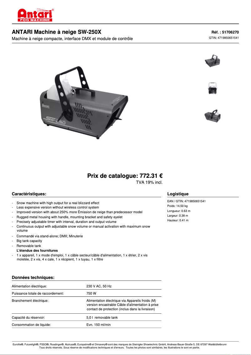 Page 1 of the manual Technical Sheet Antari SW-250X