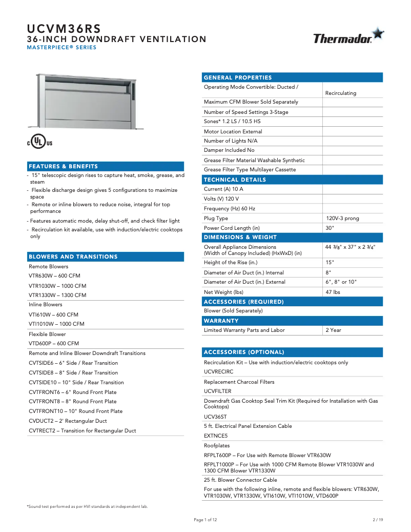 Page 1 of the manual Technical Sheet Thermador UCVM36RS