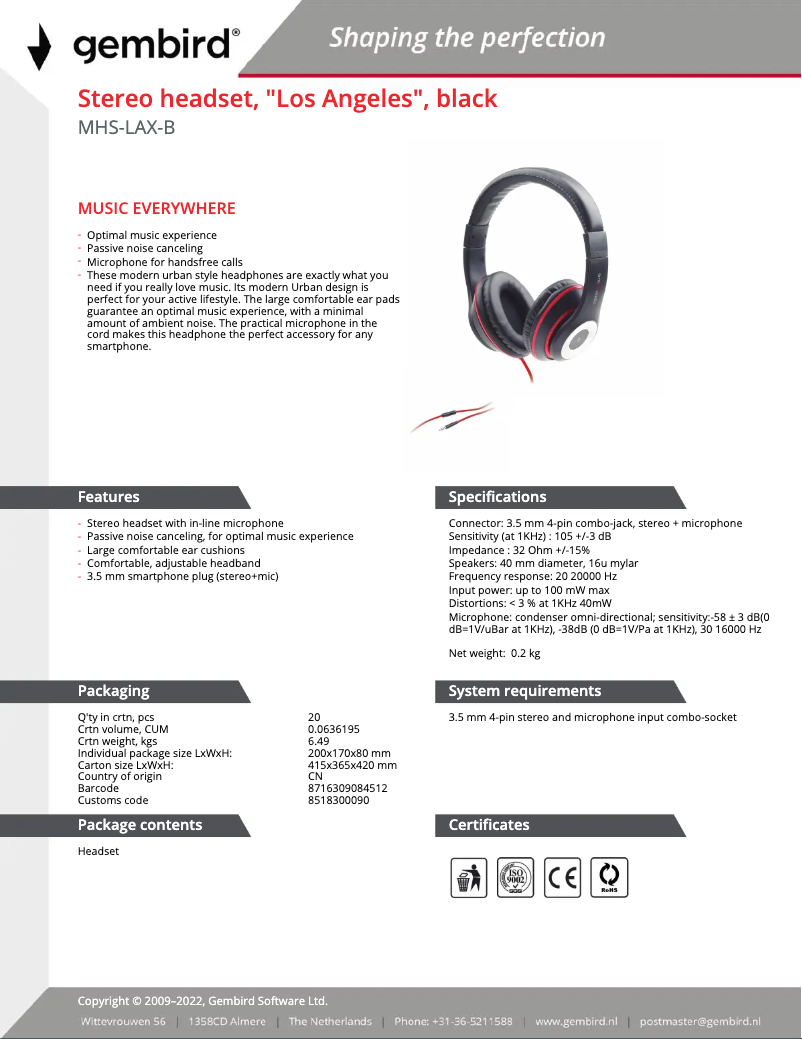 Page 1 of the manual User Manual Gembird Los Angeles MHS-LAX-B