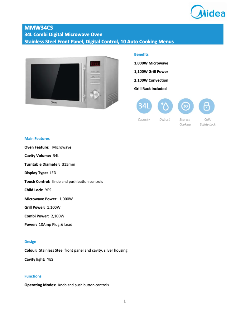 Page 1 de la notice Fiche technique Midea MMW34CS