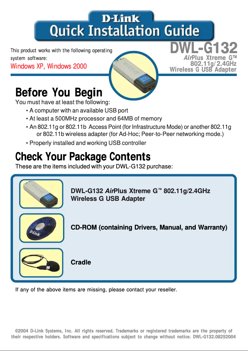Page 1 de la notice Guide d'installation D-Link DWL-G132