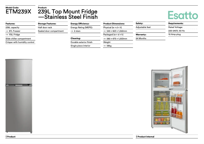 Page 1 of the manual Technical Sheet Esatto ETM239X
