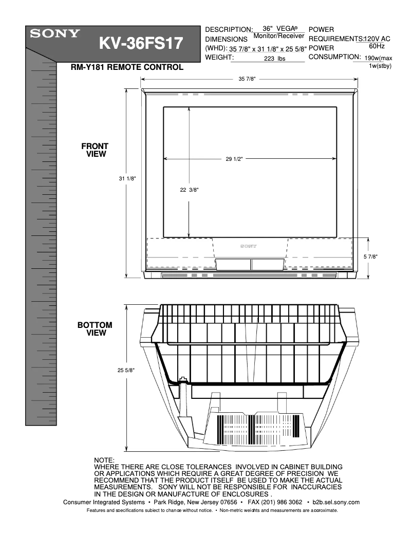 Page 1 of the manual Installation Guide Sony KV-36FS17